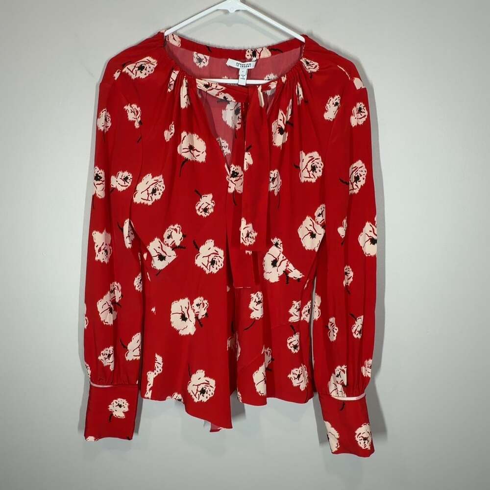 Derek Lam 10 Crosby Women's Blouse Red Floral Print Silk Tie Neck Size 4